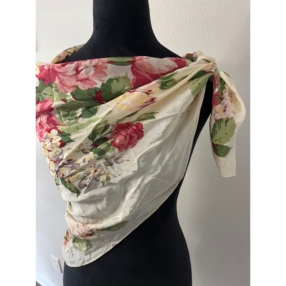ECHO Silk Scarf Floral Rose Print Womens OS Ivory Red Vintage Aesthetic Luxury - Picture 5 of 5